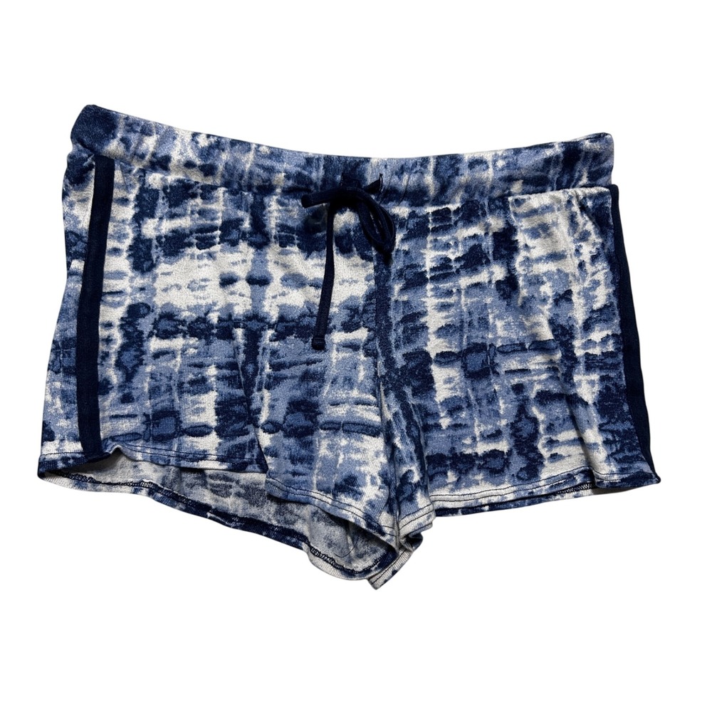 Lucky Brand Women Lounge Shorts M Blue White Tie Dye Drawstring Soft Knit Cozy